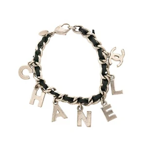 CHANEL 04V Vintage Logo Black Leather & Silver Chain Letter Charms Bracelet - Picture 1 of 11