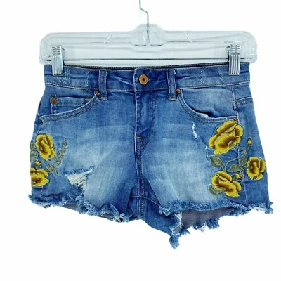 Vanilla Star Women's Size 1 Stretch Denim Jean Shorts Floral Embroidered Mid-ris - Image 1 of 4
