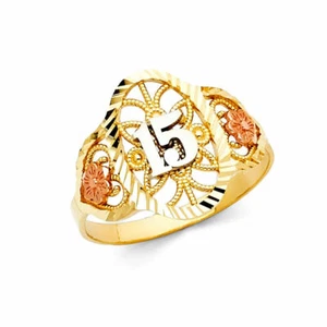 14k Real Tri-color Solid Gold Flower 15 Años Quinceañera Ring Oro Solido Anillo - Picture 1 of 3
