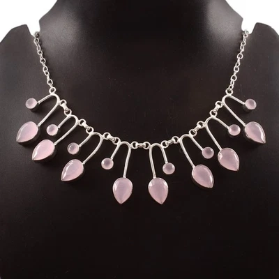 Collar hecho a mano de plata esterlina 925 corte rosa calcedonia piedras preciosas joyería Foto 1 de 3