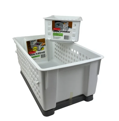 Cesta de armazenamento Rubbermaid Slide 'n Stack #5577 & 5581 branca caixas de plástico NOVA - Imagem 1 de 4