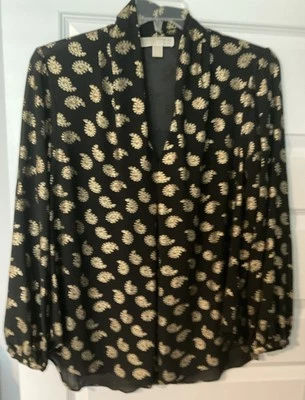 NEW Michael Kors Woman's Black Lined Poly Top Gold Metallic Paisley Size 0X - Image 1 of 4