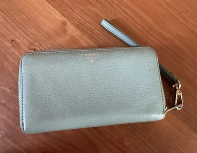 Cartera monedero de cuero fósil verde claro con cremallera alrededor 7x4 Foto 1 de 4