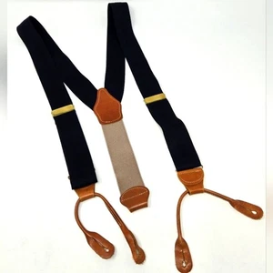 VINTAGE DOONEY & BOURKE BLACK & KHAKI LEATHER BUTTON SUSPENDERS MEN OS *FLAWED* - Picture 1 of 14