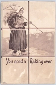 You Need a Raking Over, Dutch Woman Farmer in Clogs, Humor 1901-07 Postcard - Picture 1 of 2