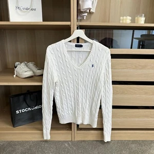 Polo Ralph Lauren Womens Cable-Knit Jumper Size L White V-Neck Logo - Picture 1 of 8