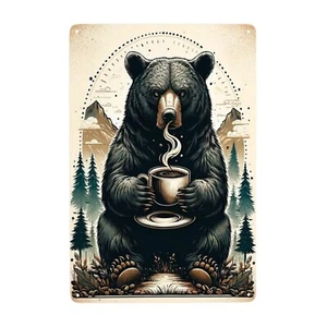 Morning Brew in the Wild Metal Wall Art Rustic Bear & Coffee Cup Tin Sign Coz... - Picture 1 of 9