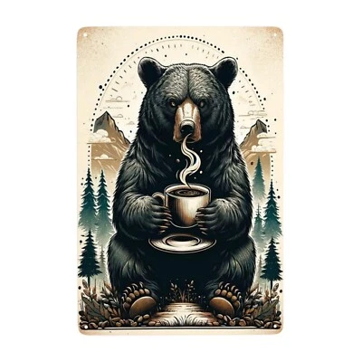 Morning Brew in the Wild Metal Wall Art Rustic Bear & Coffee Cup Tin Sign Coz... - Image 1 of 4