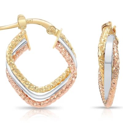 10K Real Solid Tri-Color Gold Triple Twisted Square Creole Italian Hoop Earrings - Image 1 of 4