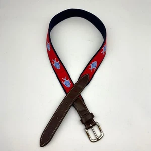 Vineyard Vines Fish Belt Sz 30 Fabric Leather Made USA Red Blue Preppy Shep Ian - Picture 1 of 7