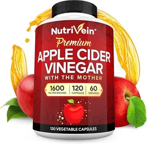 Nutrivein Apple Cider Vinegar Capsules with Mother - 1600mg - 120 Vegan Pills - Picture 1 of 7
