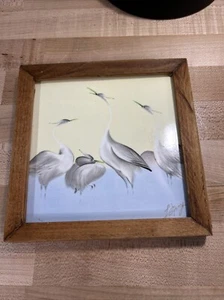 Vintage Art Tile Framed Signed Hand-Painted Cranes - Picture 1 of 24