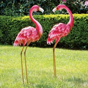Coppia fiammeggiante di sculture da giardino in metallo fenicottero rosa positivo - Foto 1 di 1