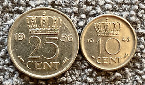 Netherlands 2-Coin Lot -- 1956 25 Cents, 1948 10 Cents (Nickel), Ungraded