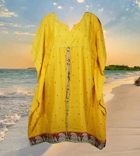 Women Silk Sari Caftan, Midi Kaftan Dress, Yellow Floral Beach Cover up,L-3X