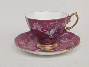 Royal Albert Bone China Cup & Saucer "Oriental" Hot Pink Magenta Cranes Horses - Picture 1 of 12