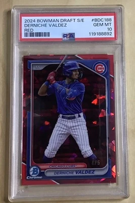 🔥2024 Bowman Chrome Draft Sapphire Derniche Valdez 1st Red SSP  /5 PSA 10 💎 - Image 1 of 2