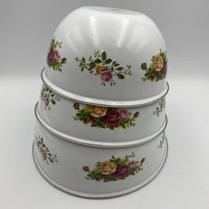 Lot of 3 Royal Albert Old Country Roses Silver Rim Metal Nesting Mixing Bowl Set - Picture 1 of 9