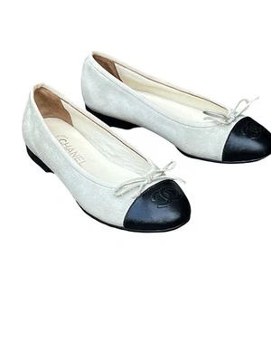 CHANEL Beige Suede & Black Leather Cap Toe CC Logo Ballerina Flats 35 IT - Image 1 of 4