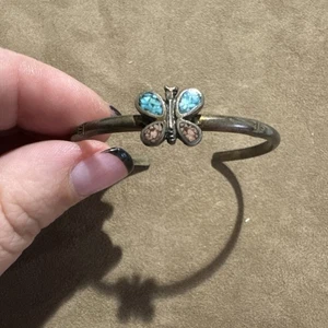 Vintage Schmetterling Sterlingsilber Intarsien Koralle Türkis Indianer Armreif Armband - Bild 1 von 8