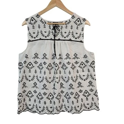 Talbots Linen Blend Tank Top Boho Floral Embroidery Scallop Hem Black White XL - Image 1 of 4