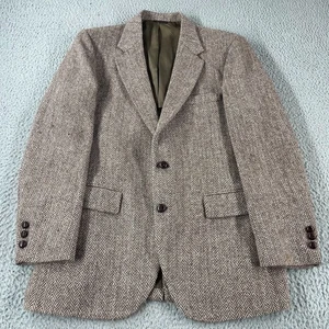 Vintage Harris Tweed Blazer 100% Wool Herringbone Brown 2-Button Sport Coat Read - Picture 1 of 17