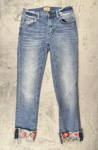 Driftwood Jackie Crop Jeans Damen 25 blau Bündchen Blumen bestickt ausgefranste Säume - Bild 1 von 10