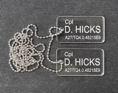 Aliens Movie US Colonial Marine (USCM) Acrylic Dog Tags - Cpl D. Hicks - Image 1 of 4