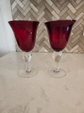 2 Stemmed wine water Goblets bubble glass hand blown Red 8" tall 