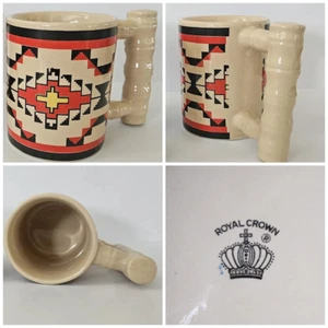 Royal Crown Bamboo Southwestern Navajo Tribal Aztec Cup Vtg 70 Orange brown Gold - Picture 1 of 7