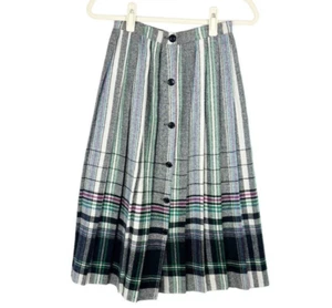 Vintage Womens Plaid Striped Pleated Wool Mid Skirt Size 11 Button USA Made - Picture 1 of 7