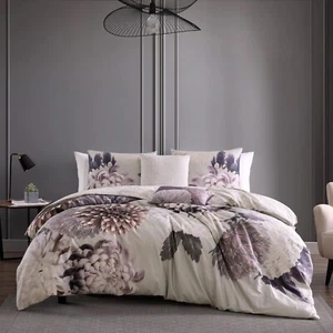 Bebejan Dahlie lila Baumwolle 5-teiliges Wende-Bettwäscheset Queen-Size-Bett - Endverkauf - Bild 1 von 9