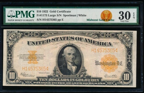 AC Fr 1173 1922 $10 Gold Certificate PMG 30 EPQ clean and original! Cover