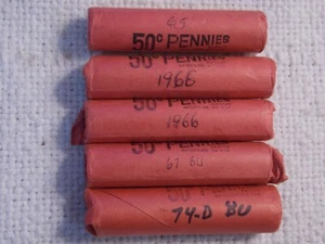 five BU Rolls Memorial cents 1965 ,66,66,67,74-D - Picture 1 of 5