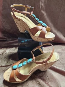 Open Toe Sandal -Size 6.5 M- Unique Faux Turquoise Accents - Light Brown - Picture 1 of 5