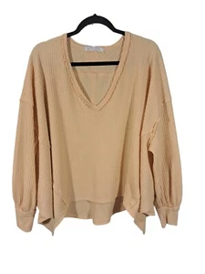 We The Free People Coralne Thermal Top Size Medium Yellow Oversized Waffle Boho - Picture 1 of 11