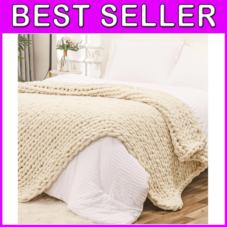 Chenille Yarn Blanket, 80x90 inches, Beige - Image 1 of 4