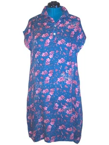 Thai Silk Village 100% Seide blau rosa Blumen Etuikleid Tunika Prärie Kleid Damen L - Bild 1 von 6