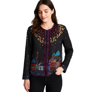 Vintage Pailletten zusammen! Wearable Art Silk Jacket Storybook Cityscape Size M - Bild 1 von 8