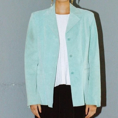 Chaqueta de Gamuza Vintage Liz Claiborne Verde Azulado Turquesa Blazer Abotonada Usada en Excelente Condición Grande Foto 1 de 4