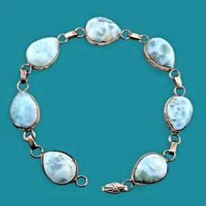 VTG Sterling Silver 925 Southwestern Larimar Teardrop 8" Link Bracelet 17.77g B5 - Picture 1 of 8