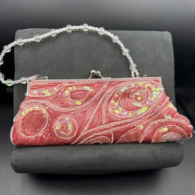 Bolsa de noite padrão redemoinho lantejoulas frisadas rosa clutch com alça de ombro frisada - Imagem 1 de 4