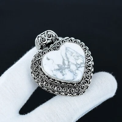 Howlite Gemma 925 Argento Sterling Forma Cuore Ciondolo Per Anniversario Regali - Immagine 1 di 4