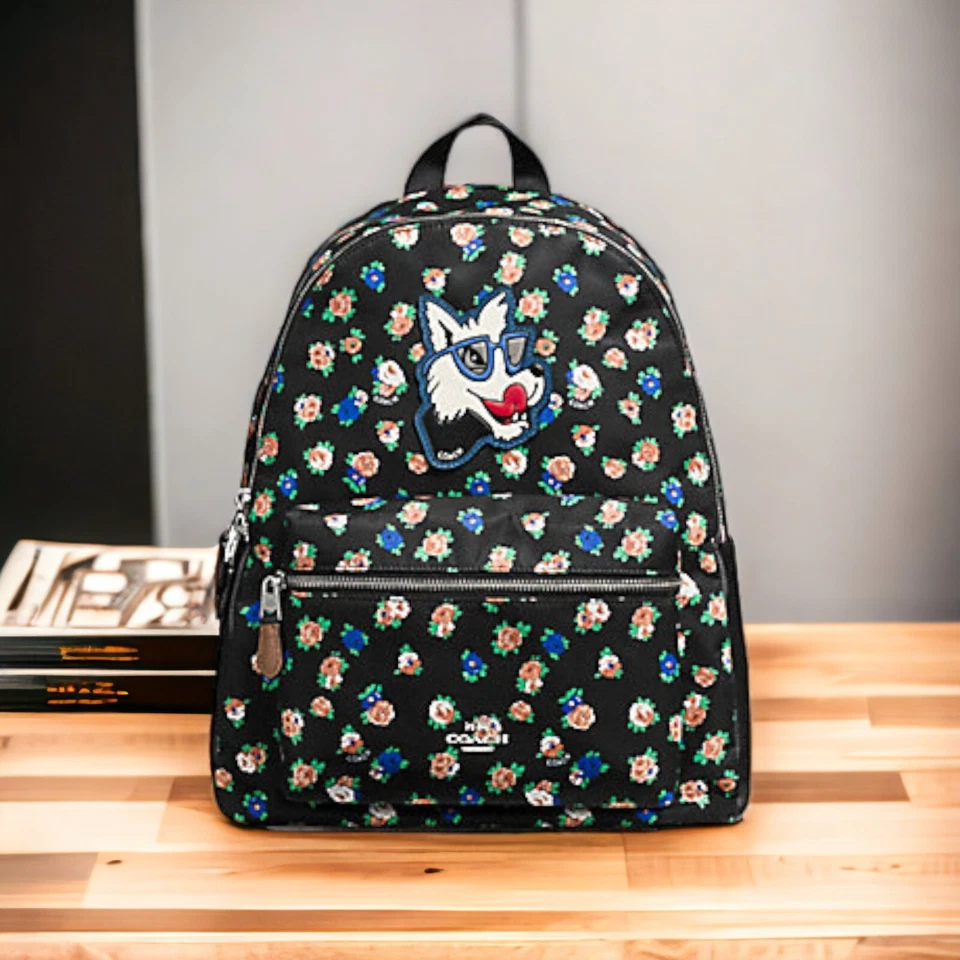 Coach Charlie Backpack Tea Rose Floral Print Nylon Pack 57635 Silver/Blk Bag
