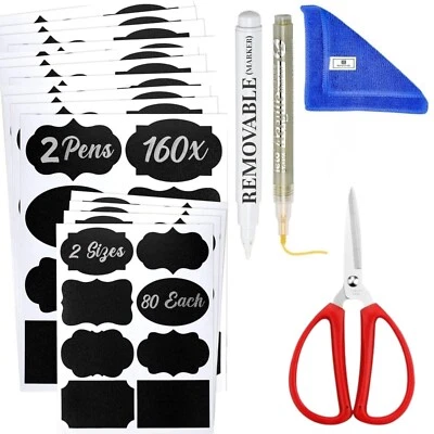 160 etiquetas de pizarra para tarro 1 marcador blanco 1 marcador dorado 1 toalla y tijera Foto 1 de 4