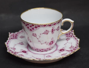 Royal Copenhagen Red Fluted Full Lace Demitasse Cup & Saucer Antique 1890s-As Is - Picture 1 of 17