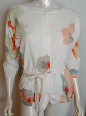 TSE Floral Sweater M L Cotton Ivory Peach Gray Green Red Belt 3/4 Sleeve - Image 1 of 4