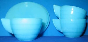 Akro Agate Blue Glass Lot of 5 - 3 Cups 2 Plates Child's Miniature Toy Dishes - Picture 1 of 11