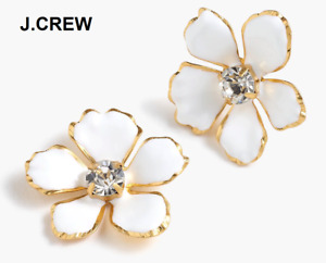 J.CREW earrings white pansy blossom flower gold tone faux diamond stud floral nr