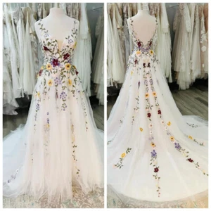 Wedding Dress Boho Fairy A-Line Florals Rustic Country Bridal Gowns Tulle Bride - Picture 1 of 12